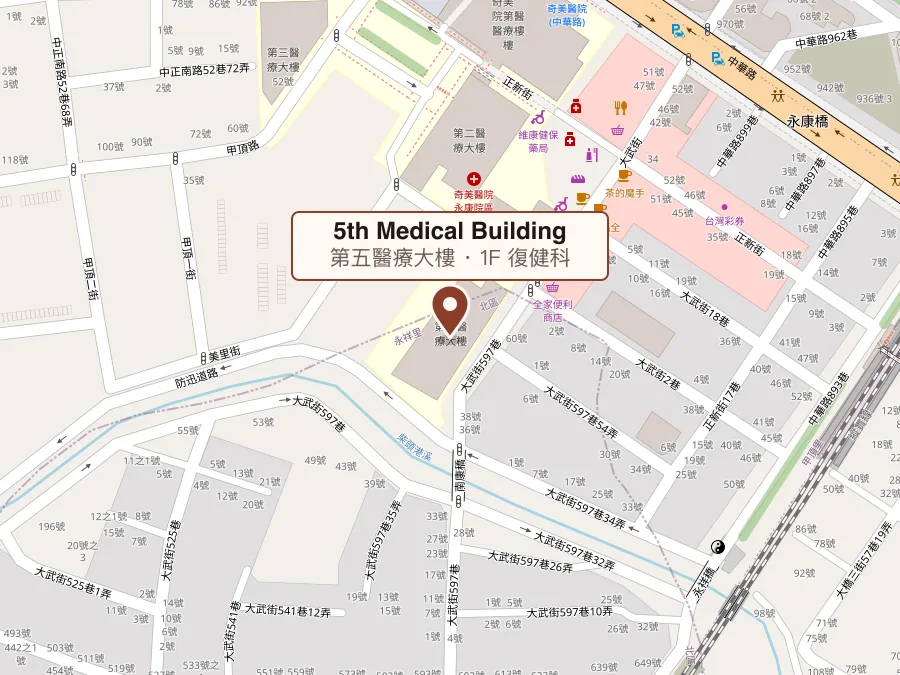 Map of the Chi Mei Medical Center campus in Yongkang, Tainan, with the 5th Medical Building marked